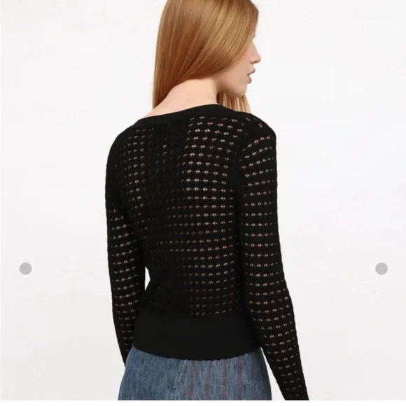 Sandro Viana Noir Lightweight Pointelle Button Up Scallop Edge Cardigan Sweater - Picture 3 of 12